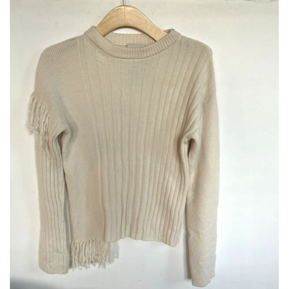 Xu Zhi x Fabrique Ivory Ribbed Knit Asymmetric Fringe Crewneck Wool Sweater Sz S